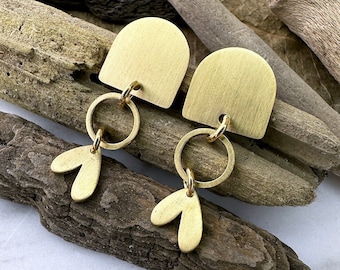 Geometric Brass Flower Petal Earrings | Modern Dainty Handmade Jewelry Floral Dangle Stud Earrings | Nature Lover Mother's Day Gift for Mom