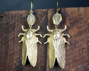 Brass Cicada Earrings with Citrine Crystal | Brass Insect Jewelry | Unique Gifts for Her | November Birthstone Jewelry