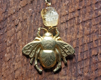 Honey Bee Necklace with Citrine Crystal | Brass Bee Nature Jewelry | Unique Gifts for Her | Handmade by Christine Domanic