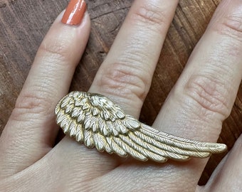 Angel Wing Ring | Brass Statement Ring | Gold Brass Bird Feather Jewelry Nature Lover | Unique Gift for Mom Blessed Enchanted Fairy Wings