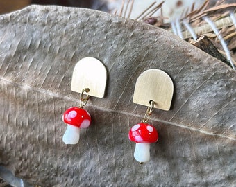 Glass Mushroom Earrings with Geometric Brass Posts | Modern Dainty Handmade Jewelry | Cottagecore Toadstool Nature Lover Gift for Forager