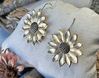 Sunflower Brass Earrings | Modern Garden Statement Earrings Handmade Jewelry | Cottagecore Flower Nature Lover Gift for Her