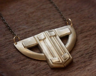 Art Deco Inspired Necklace with Architectural Geometric Brass Pendant - Geometric Minimalist Necklace