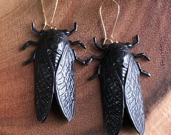 Black Brass Cicada Earrings - Limited Edition Christine Domanic Blackened Brass Insect Jewelry Collection
