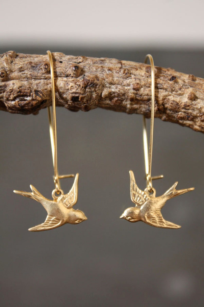 Brass Bird Earrings Tiny Baby Bird Sparrow Songbird Gold Jewelry Gift for Mom or Bird Watcher Animal Natural Lover Minimalist Modern image 2