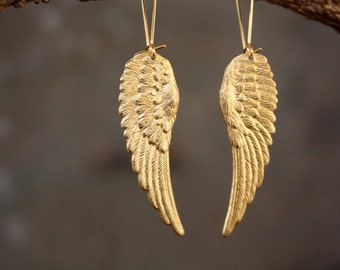 Angel Wing Earrings - Gold Brass Bird Feathers - Vintage Style Nature Statement Jewelry - Unique Gift for Mom Blessed Enchanted Fairy Wings