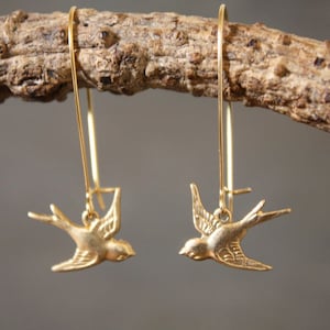 Brass Bird Earrings Tiny Baby Bird Sparrow Songbird Gold Jewelry Gift for Mom or Bird Watcher Animal Natural Lover Minimalist Modern image 1