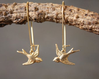 Brass Bird Earrings - Tiny Baby Bird Sparrow Songbird Gold Jewelry - Gift for Mom or Bird Watcher Animal Natural Lover - Minimalist Modern
