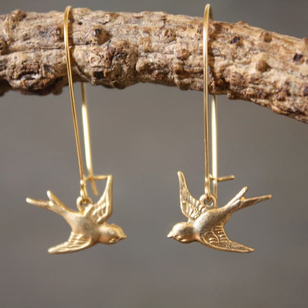 Brass Bird Earrings - Tiny Baby Bird Sparrow Songbird Gold Jewelry - Gift for Mom or Bird Watcher Animal Natural Lover - Minimalist Modern