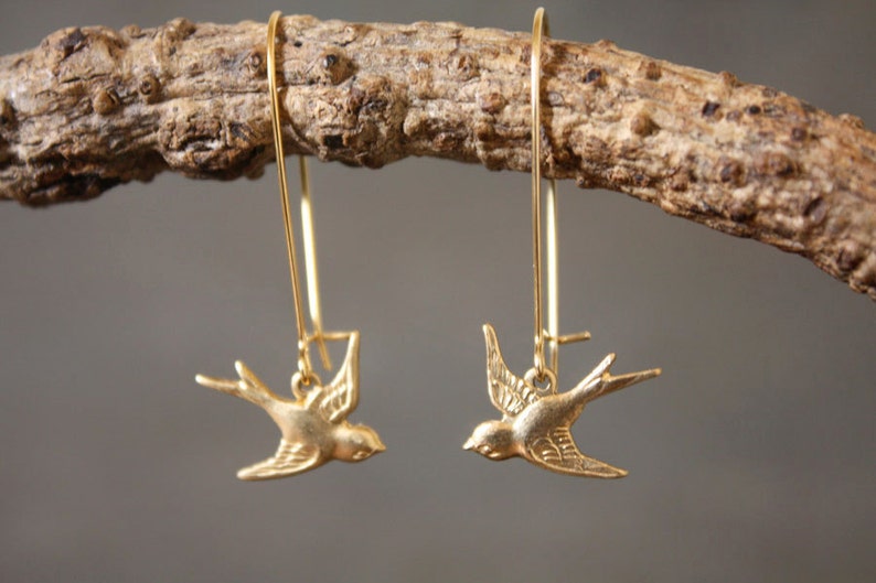 Brass Bird Earrings Tiny Baby Bird Sparrow Songbird Gold Jewelry Gift for Mom or Bird Watcher Animal Natural Lover Minimalist Modern image 1