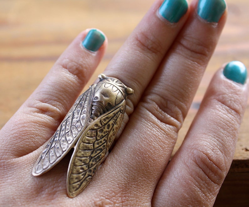 Lucky Cicada Ring Brass Statement Ring Bug Beetle Insect Jewelry Gift for Nature Lover image 5