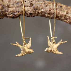 Brass Bird Earrings Tiny Baby Bird Sparrow Songbird Gold Jewelry Gift for Mom or Bird Watcher Animal Natural Lover Minimalist Modern image 3