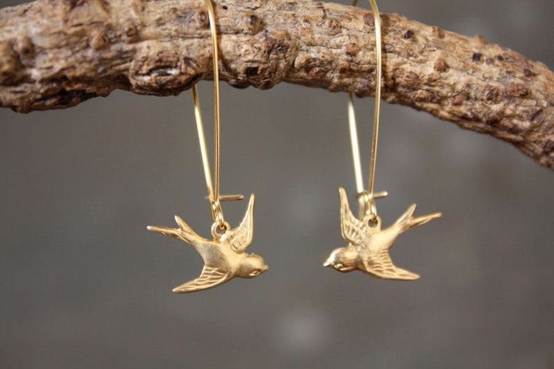 Brass Bird Earrings Tiny Baby Bird Sparrow Songbird Gold Jewelry Gift for Mom or Bird Watcher Animal Natural Lover Minimalist Modern image 3