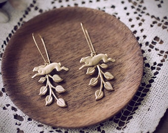 Rabbit Earrings - Botanical Leaf & Bunny Rabbit - Enchanted Forest Fairytale Jewelry Gift for Her - Handmade Upcycled Brass Vintage Charms