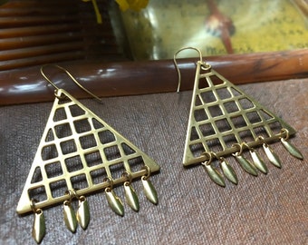 Brass Geometric Triangle Fringe Earrings - Modern Bohemian Brass Boho Jewelry