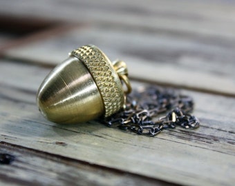 Acorn Canister Locket Woodland Necklace or Mini Cremation Urn for Pet Ashes - Brass Memorial Jewelry Boho Woodland