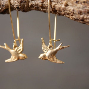 Brass Bird Earrings Tiny Baby Bird Sparrow Songbird Gold Jewelry Gift for Mom or Bird Watcher Animal Natural Lover Minimalist Modern image 4