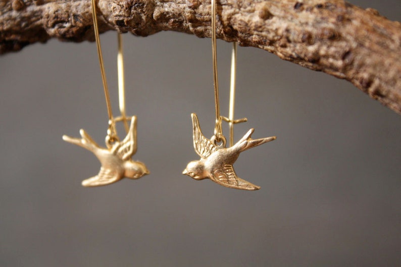 Brass Bird Earrings Tiny Baby Bird Sparrow Songbird Gold Jewelry Gift for Mom or Bird Watcher Animal Natural Lover Minimalist Modern image 4