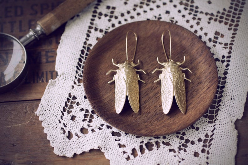 Cicada Song Earrings Brass Insect Jewelry image 1