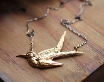 Hummingbird Necklace | Vintage Style Brass Humming Bird Charm Necklace | Unique Gift for Bird Watcher or Nature Lover