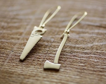 Lumberjack Earrings - Brass Axe & Saw Dainty Earrings - Lumberjill Girl Power Female Empowerment Feminist Jewelry Minimalist Earrings