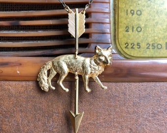 Brass Fox and Arrow Necklace - Nature Animal Jewelry Handmade from Vintage Charms