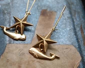 Save the Whales Brass Whale Earrings - Handmade from Recycled Vintage Brass Charms - North Star Nautical Jewelry - Unique Eco Friendly Gift