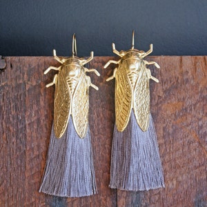Brass Cicada Earrings with Silk Tassels Statement Jewelry Brass Insect Jewelry Unique Gifts for Her Statement Earrings image 4