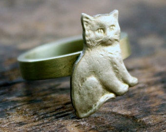 Handmade Brass Cat Ring | Vintage Charm Kitten Ring