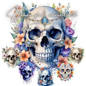 29 PNG Aquarell menschlicher Schädel mit bunten Blumen | Digitaler Download für Kartenherstellung & Papiermodelle | PNG-Dateien