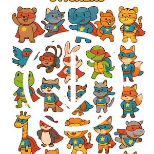 Animal Superhero Sticker Set | Cute Animal Hero Clipart | Digital Download PNG | Kawaii Superhero Stickers