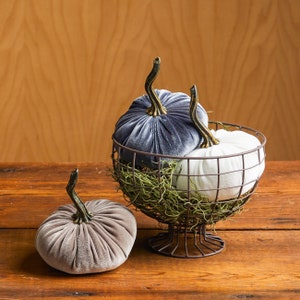 SMALL velvet pumpkin & wire pedestal bowl table centerpiece for dining table, rustic kitchen decor countertop, taupe decor, gift for hostess
