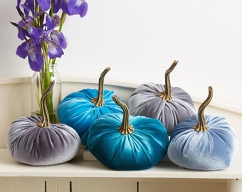 SMALL velvet pumpkins set of 5, blue pumpkin baby shower table decorations, aqua pumpkin decor, slate blue pumpkin gifts, blue Halloween