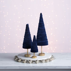 Navy pedestal velvet cones set of 3, everyday mantel décor, blue Christmas tablescape, wedding centerpiece, modern farmhouse, patriot decor image 1