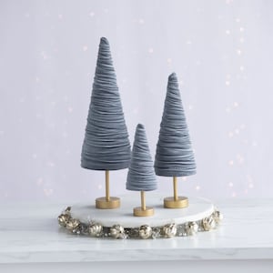 Gray pedestal velvet trees set of 3, everyday mantel décor, blue gray accent,  tablescape, wedding centerpiece, modern Valentine's