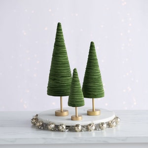 Olive pedestal velvet trees set of 3, holiday mantel décor, olive green accent, Christmas tablescape, wedding centerpiece, modern farmhouse