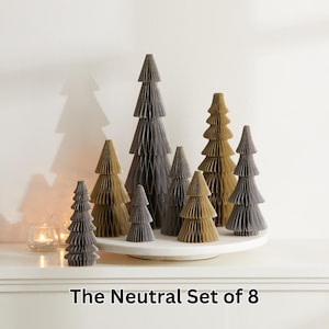 Neutral Christmas honeycomb trees set of 8 gray taupe with glitter edging, pop-up Christmas centerpiece nostalgic gift for new homeowner