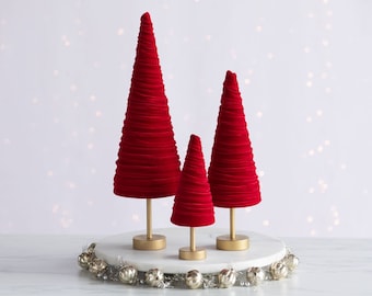 Red velvet pedestal cones set of 3, Valentines wedding centerpieces for tables elegant decorations for home, unique shelf accents, best