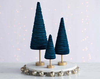 Teal pedestal velvet cones set of 3, everyday mantel décor, blue green decor, Christmas tablescape, wedding centerpiece, modern farmhouse