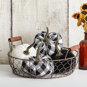 Small Velvet and Flannel Pumpkins and Basket Set, table centerpiece, wire basket gift set,  rustic wire basket, farmhouse chic, fall mantel