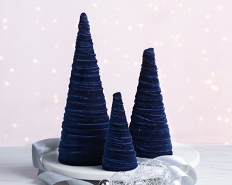 Velvet Cones Set of 3 Navy, Wedding Centerpiece, Minimalist Mantel Decor, Blue Christmas Decor, Tablescape Décor, Holiday Entryway,