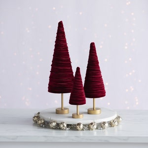 Burgundy velvet cones pedestal set of 3, Valentines decor or home, velvet trees, gothic wedding decor, modern mantel decor year round, best