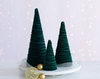 Velvet Cones Set of 3 Emerald, Minimalist Mantel Décor, Holiday Entryway, Everyday Tablescape, Wedding Centerpiece