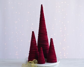 Burgundy velvet cones set of 4, Valentines decorations for home, velvet trees, gothic wedding decor, modern mantel decor year round, best