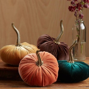 SMALL Velvet Pumpkins Set of 4, orange pumpkin decor, cozy gifts for women, gold pumpkin aesthetic fall mantel decor, autumn mantel decor image 2