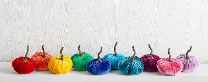 SMALL Rainbow Velvet Pumpkins Set of 10, Eclectic Home Decor, Colorful Centerpiece for Table, LGBT Wedding Decor, Bold Modern Mantel Decor image 2