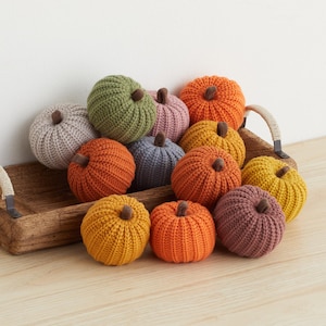Op de afbeelding: Een verzameling gebreide pompoenen in verschillende kleuren, waaronder oranje, bruin, groen en grijs, gerangschikt in een houten dienblad. De pompoenen zijn allemaal van verschillende grootte en hebben een getextureerd, gehaakt oppervlak.