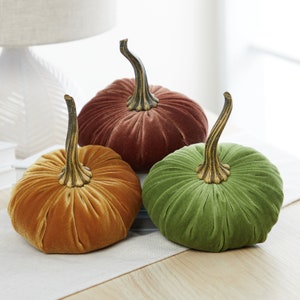 Large Velvet Pumpkins Set of 3, autumn  home decor luxury velvet accent, fall mantel for holiday, Thanksgiving table, fern green decor, gift
