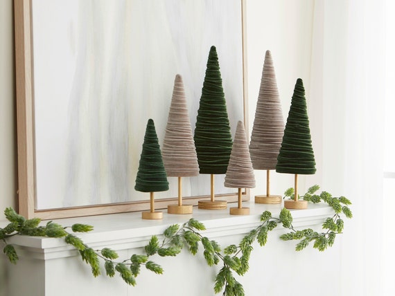 Pedestal Velvet Trees, Set of 3 Olive, Modern Christmas Decor, Mantel Décor,  Holiday Entryway, Rustic Winter Home, Farmhouse 