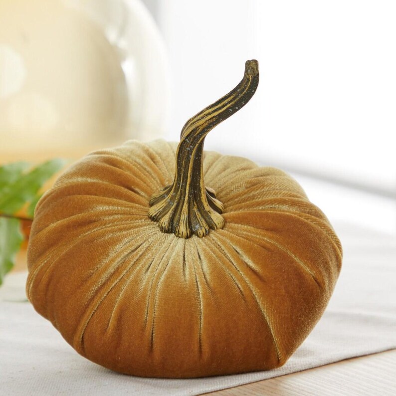 Große Samt Kürbisse 3er Set, Herbst Dekor für Kaminsims, Thanksgiving Tischplatte, Smaragdgrün und Gold Herbst, rustikale Bauernhaus Dekor Bild 5